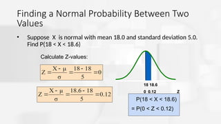 Finding a Normal Probability Between Two
Values
• Suppose X is normal with mean 18.0 and standard deviation 5.0.
Find P(18 < X < 18.6)
P(18 < X < 18.6)
= P(0 < Z < 0.12)
Z
0.12
0
X
18.6
18
0
5
8
1
18
σ
μ
X
Z 




0.12
5
8
1
18.6
σ
μ
X
Z 




Calculate Z-values:
 