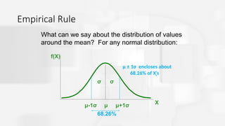 Empirical Rule
μ ± 1σ encloses about
68.26% of X’s
f(X)
X
μ μ+1σ
μ-1σ
What can we say about the distribution of values
around the mean? For any normal distribution:
σ
σ
68.26%
 