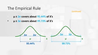 The Empirical Rule
• μ ± 2σ covers about 95.44% of X’s
• μ ± 3σ covers about 99.73% of X’s
x
μ
2σ 2σ
x
μ
3σ 3σ
95.44% 99.73%
(continued)
 