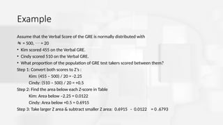 Example
Assume that the Verbal Score of the GRE is normally distributed with
 = 500,  = 20
• Kim scored 455 on the Verbal GRE.
• Cindy scored 510 on the Verbal GRE.
• What proportion of the population of GRE test takers scored between them?
Step 1: Convert both scores to Z’s :
Kim: (455 – 500) / 20 = -2.25
Cindy: (510 – 500) / 20 = +0.5
Step 2: Find the area below each Z-score in Table
Kim: Area below –2.25 = 0.0122
Cindy: Area below +0.5 = 0.6915
Step 3: Take larger Z area & subtract smaller Z area: 0.6915 - 0.0122 = 0 .6793
 