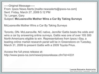 -----Original Message-----
From: Ipsos News Alerts [mailto:newsalerts@ipsos-na.com]
Sent: Friday, March 27, 2009 5:12 PM
To: Langer, Gary
Subject: McLeansville Mother Wins a Car By Taking Surveys

McLeansville Mother Wins a Car By Taking Surveys

Toronto, ON- McLeansville, NC native, Jennifer Gattis beats the odds and
wins a car by answering online surveys. Gattis was one of over 105 300
North Americans eligible to win. Representatives from Ipsos i-Say, a
leading online market research panel will be in Greensboro on Tuesday,
March 31, 2009 to present Gattis with a 2009 Toyota Prius.

Access the full press release at:
http://www.ipsos-na.com/news/pressrelease.cfm?id=4331
 