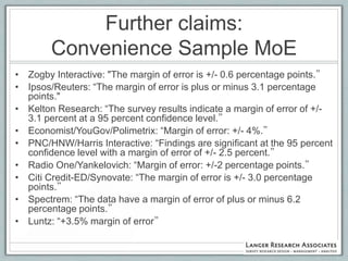 Further claims:
        Convenience Sample MoE
• Zogby Interactive: "The margin of error is +/- 0.6 percentage points.”
• Ipsos/Reuters: “The margin of error is plus or minus 3.1 percentage
  points."
• Kelton Research: “The survey results indicate a margin of error of +/-
  3.1 percent at a 95 percent confidence level.”
• Economist/YouGov/Polimetrix: “Margin of error: +/- 4%.”
• PNC/HNW/Harris Interactive: “Findings are significant at the 95 percent
  confidence level with a margin of error of +/- 2.5 percent.”
• Radio One/Yankelovich: “Margin of error: +/-2 percentage points.”
• Citi Credit-ED/Synovate: “The margin of error is +/- 3.0 percentage
  points.”
• Spectrem: “The data have a margin of error of plus or minus 6.2
  percentage points.”
• Luntz: “+3.5% margin of error”
 
