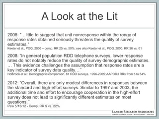 A Look at the Lit
2006: "…little to suggest that unit nonresponse within the range of
response rates obtained seriously threatens the quality of survey
estimates."
Keeter et al., POQ, 2006 – comp. RR 25 vs. 50%; see also Keeter et al., POQ, 2000, RR 36 vs. 61

2008: “In general population RDD telephone surveys, lower response
rates do not notably reduce the quality of survey demographic estimates.
… This evidence challenges the assumption that response rates are a
key indicator of survey data quality…”
Holbrook et al.: Demographic comparison, 81 RDD surveys, 1996-2005; AAPOR3 RRs from 5 to 54%

2012: “Overall, there are only modest differences in responses between
the standard and high-effort surveys. Similar to 1997 and 2003, the
additional time and effort to encourage cooperation in the high-effort
survey does not lead to significantly different estimates on most
questions.”
Pew 5/15/12 - Comp. RR 9 vs. 22%
 