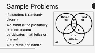 Sample Problems 10
If a student is randomly
chosen,
4.c. What is the probability
that the student
participates in athletics or
drama?
4.d. Drama and band?
 