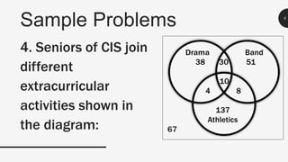 Sample Problems 8
4. Seniors of CIS join
different
extracurricular
activities shown in
the diagram:
 