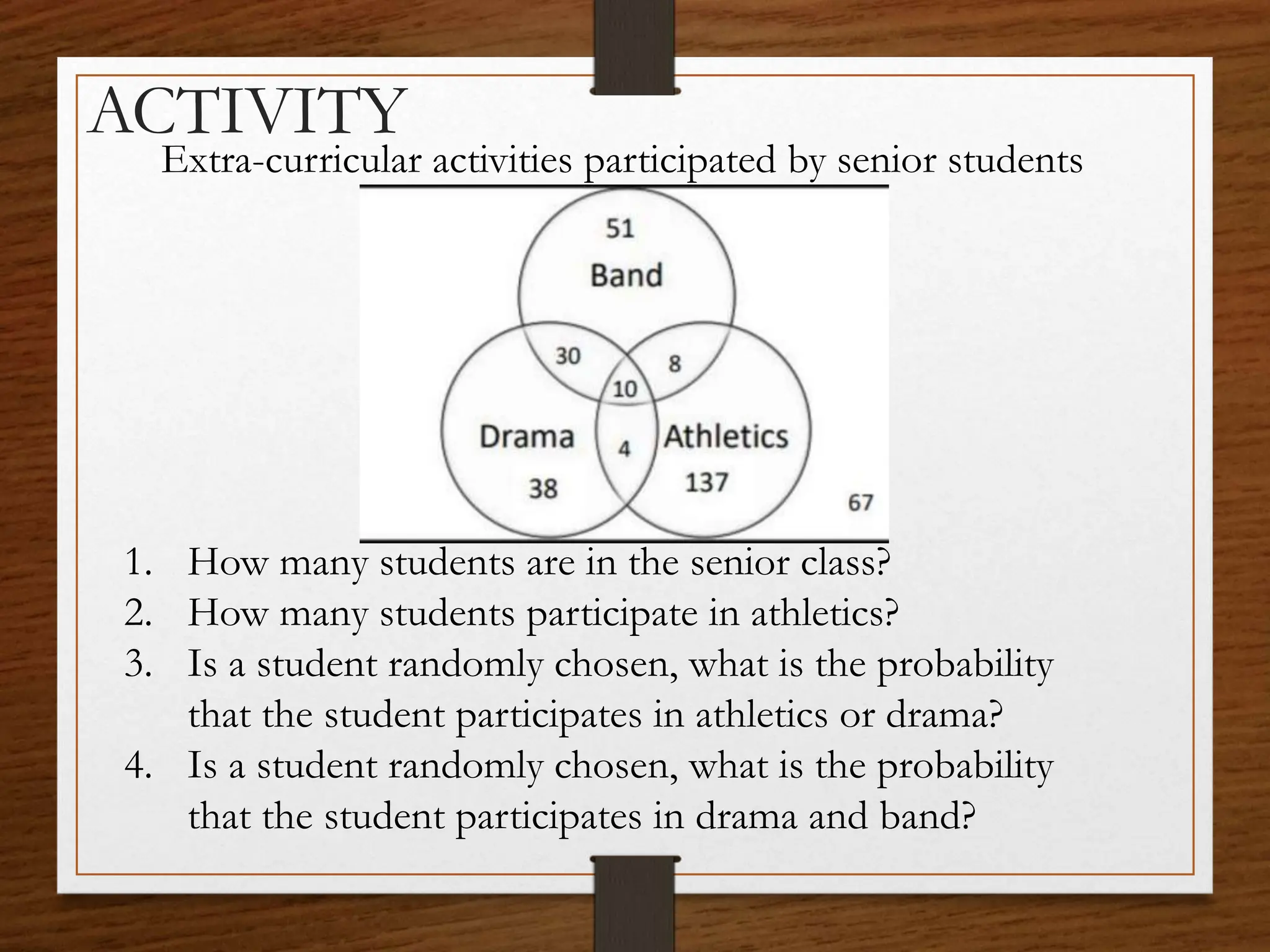 ACTIVITY
Extra-curricular activities participated by senior students
1. How many students are in the senior class?
2. How many students participate in athletics?
3. Is a student randomly chosen, what is the probability
that the student participates in athletics or drama?
4. Is a student randomly chosen, what is the probability
that the student participates in drama and band?
 