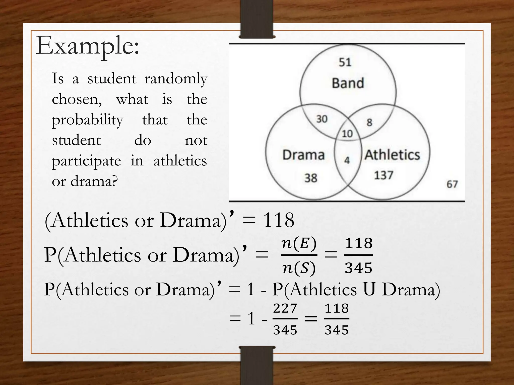 Example:
Is a student randomly
chosen, what is the
probability that the
student do not
participate in athletics
or drama?
(Athletics or Drama)՚ = 118
P(Athletics or Drama)՚ =
𝑛(𝐸)
𝑛(𝑆)
=
118
345
P(Athletics or Drama)՚ = 1 - P(Athletics Ս Drama)
= 1 -
227
345
=
118
345
 