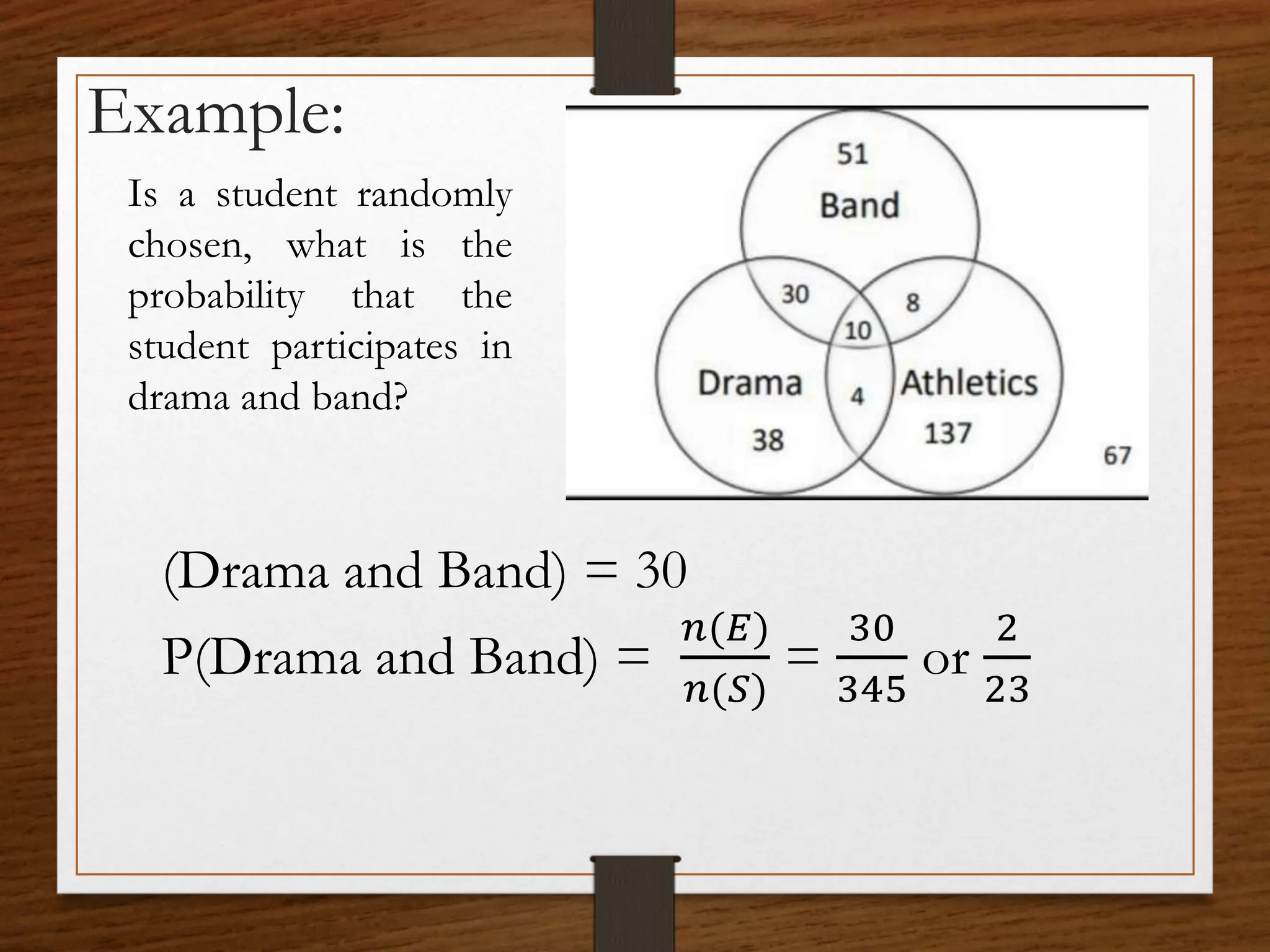 Example:
Is a student randomly
chosen, what is the
probability that the
student participates in
drama and band?
(Drama and Band) = 30
P(Drama and Band) =
𝑛(𝐸)
𝑛(𝑆)
=
30
345
or
2
23
 