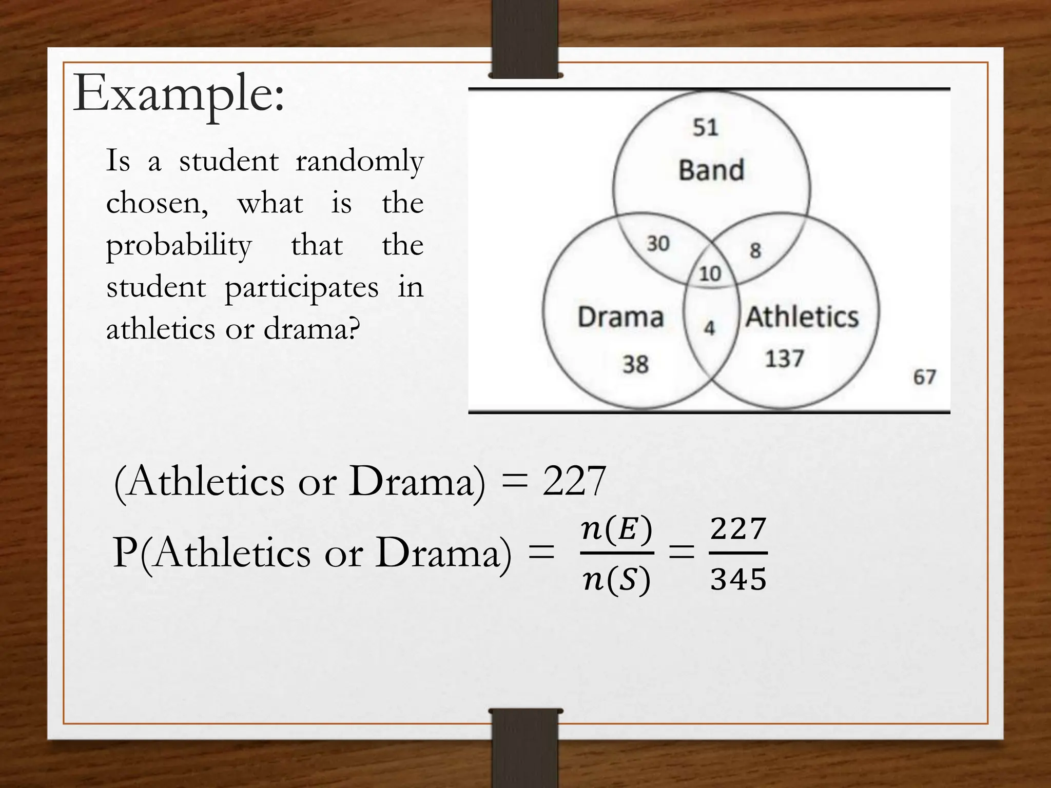 Example:
Is a student randomly
chosen, what is the
probability that the
student participates in
athletics or drama?
(Athletics or Drama) = 227
P(Athletics or Drama) =
𝑛(𝐸)
𝑛(𝑆)
=
227
345
 