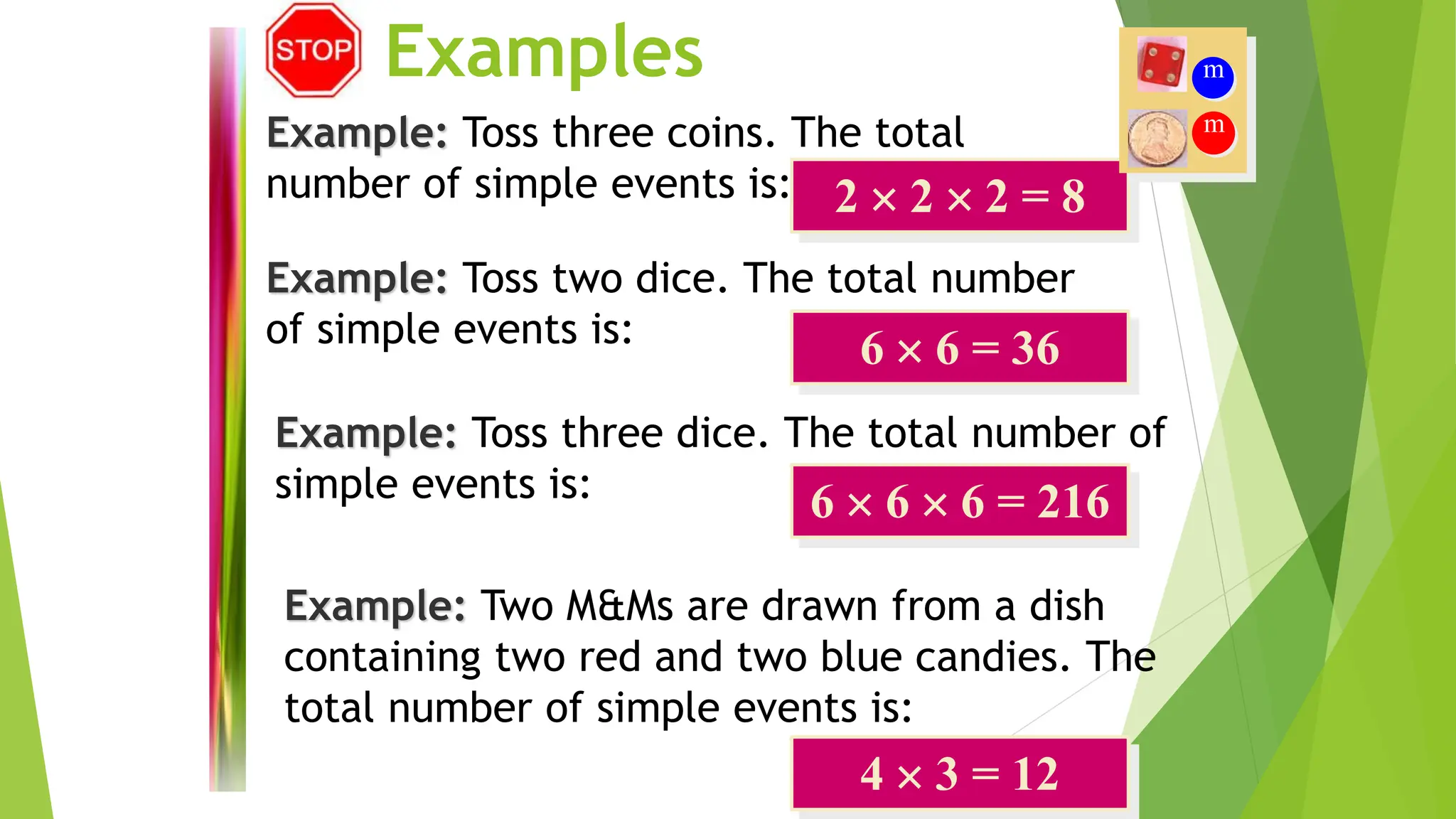 Examples
Example: Toss three coins. The total
number of simple events is: 2  2  2 = 8
Example: Two M&Ms are drawn from a dish
containing two red and two blue candies. The
total number of simple events is:
6  6 = 36
Example: Toss two dice. The total number
of simple events is:
m
m
4  3 = 12
Example: Toss three dice. The total number of
simple events is: 6  6  6 = 216
 