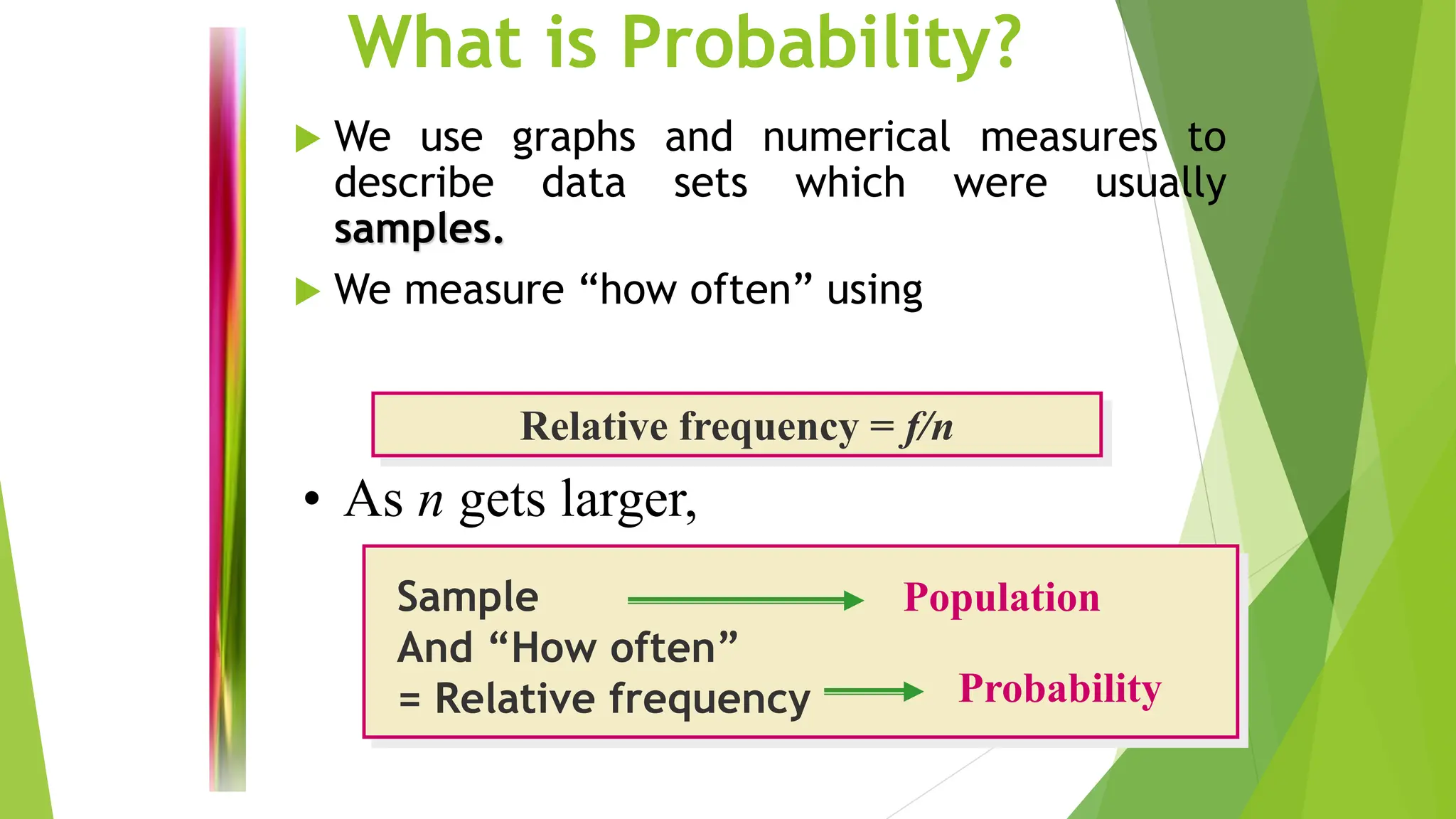 What is Probability?
 We use graphs and numerical measures to
describe data sets which were usually
samples.
 We measure “how often” using
Relative frequency = f/n
Sample
And “How often”
= Relative frequency
Population
Probability
• As n gets larger,
 