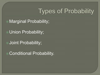 Marginal Probability;
Union Probability;
Joint Probability;
Conditional Probability.
 