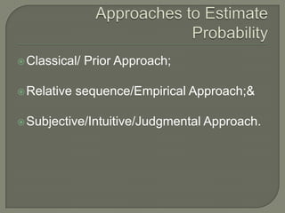 Classical/ Prior Approach;
Relative sequence/Empirical Approach;&
Subjective/Intuitive/Judgmental Approach.
 