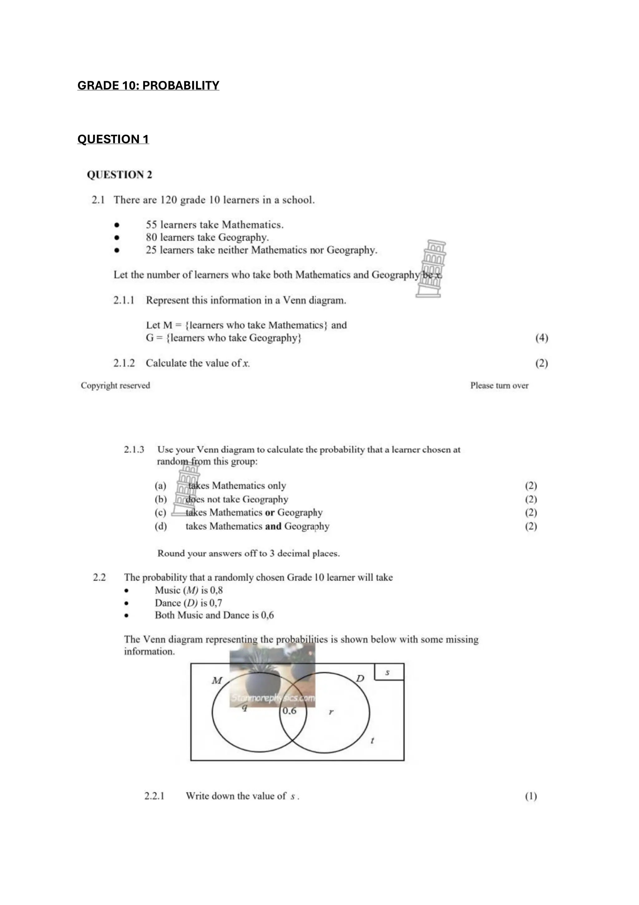 GRADE 10: PROBABILITY
QUESTION 1
 