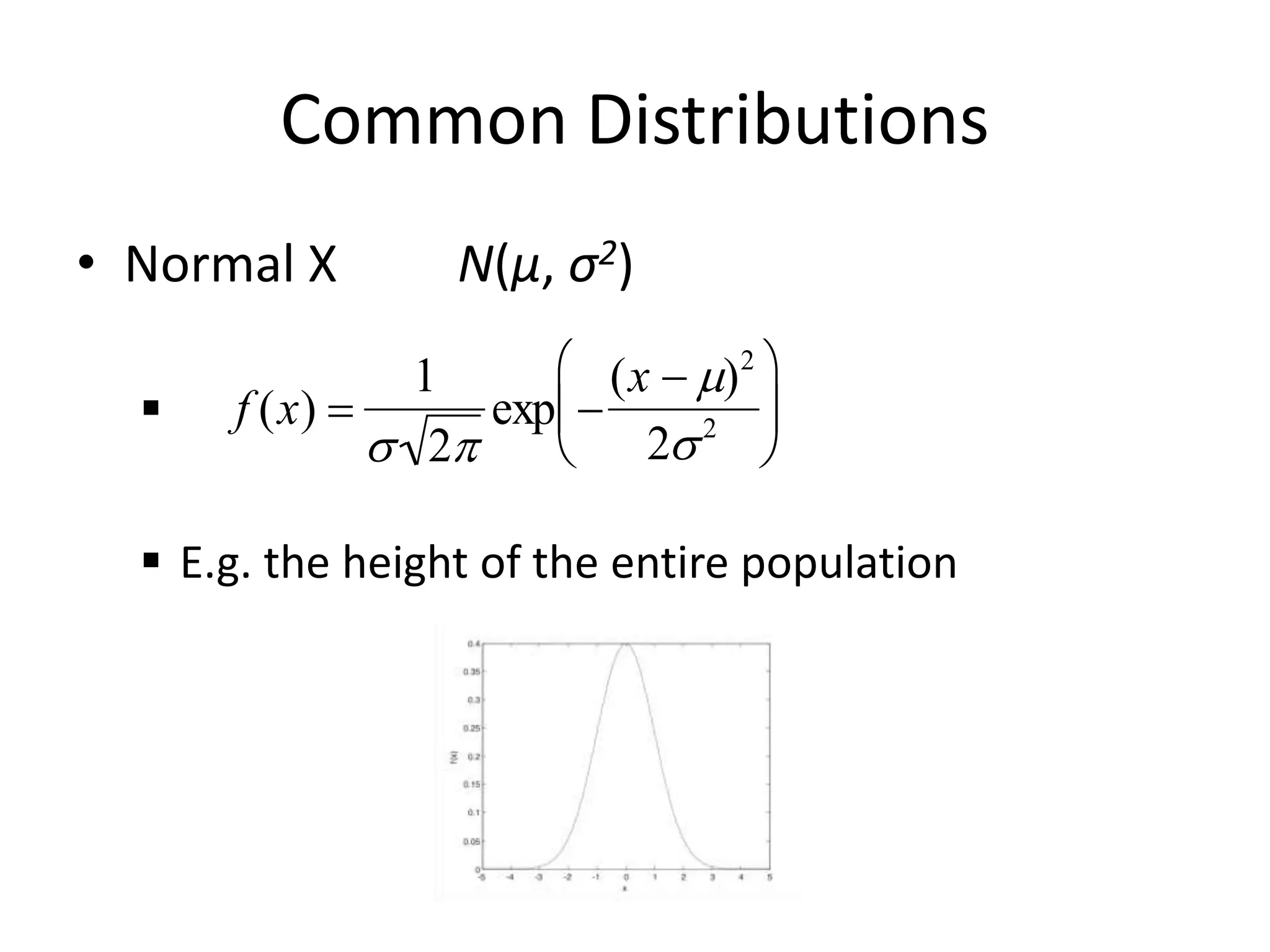 Common Distributions
• Normal X N(μ, σ2)

 E.g. the height of the entire population

f (x) =
1
 2
exp 
(x  )2
22






 