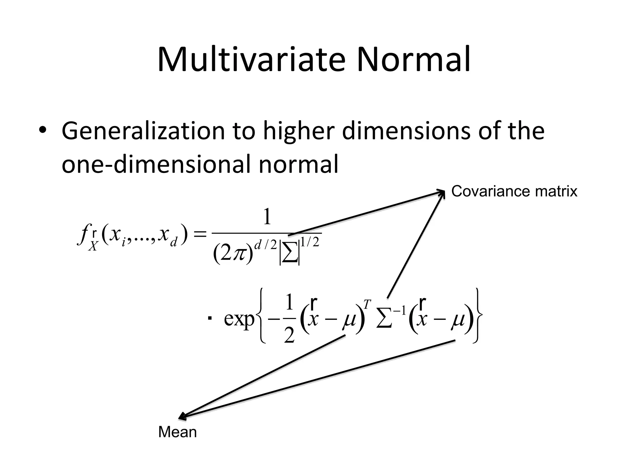 Multivariate Normal
• Generalization to higher dimensions of the
one-dimensional normal
f r
X
(xi,...,xd ) =
1
(2)d /2

1/2

exp 
1
2
r
x  
 )
T
1 r
x  
 )






.
Covariance matrix
Mean
 