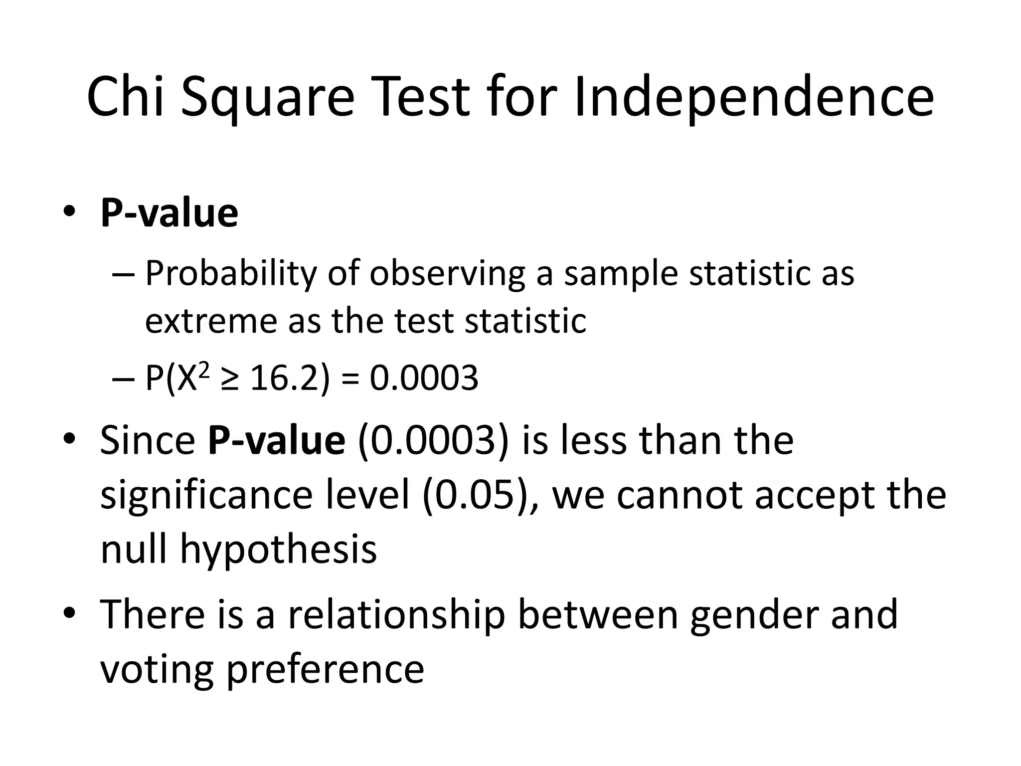 Chi Square Test for Independence
• P-value
– Probability of observing a sample statistic as
extreme as the test statistic
– P(X2 ≥ 16.2) = 0.0003
• Since P-value (0.0003) is less than the
significance level (0.05), we cannot accept the
null hypothesis
• There is a relationship between gender and
voting preference
 