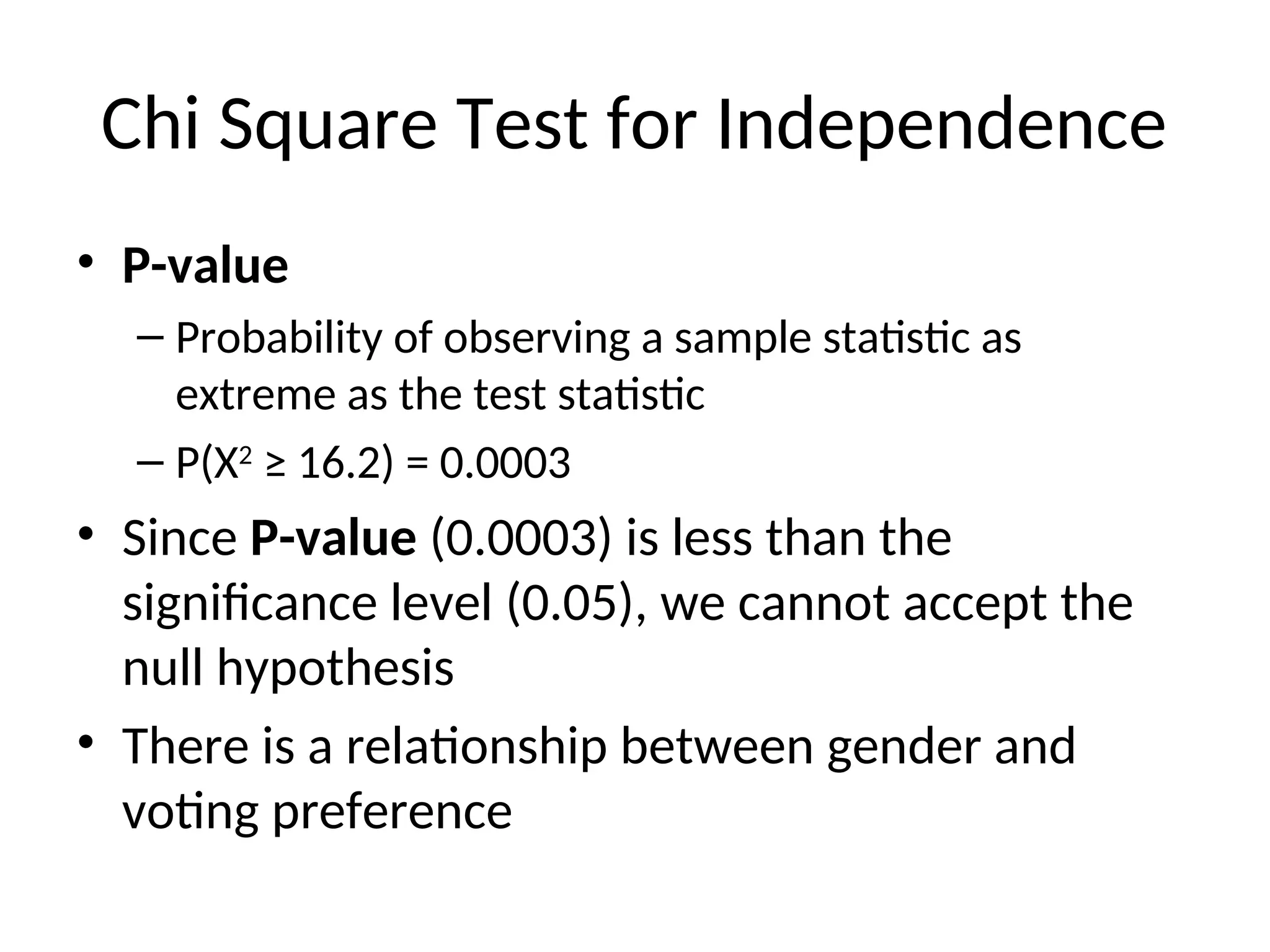 Chi Square Test for Independence
• P-value
– Probability of observing a sample statistic as
extreme as the test statistic
– P(X2
≥ 16.2) = 0.0003
• Since P-value (0.0003) is less than the
significance level (0.05), we cannot accept the
null hypothesis
• There is a relationship between gender and
voting preference
 