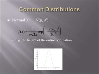  Normal X N(μ, σ2)

 E.g. the height of the entire population

f (x) =
1
 2
exp 
(x  )2
22






 