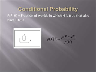 P(F|H) = Fraction of worlds in which H is true that also
have F true
)(
)(
)|(
Hp
HFp
hfp

=
 