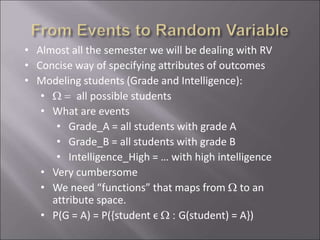 • Almost all the semester we will be dealing with RV
• Concise way of specifying attributes of outcomes
• Modeling students (Grade and Intelligence):
• W = all possible students
• What are events
• Grade_A = all students with grade A
• Grade_B = all students with grade B
• Intelligence_High = … with high intelligence
• Very cumbersome
• We need “functions” that maps from W to an
attribute space.
• P(G = A) = P({student ϵ W : G(student) = A})
 