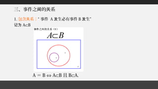 　三、事件之 的 系间 关
1. 包含 系：关 “ 事件 A 生必有事件发 B 生”发
记为 A⊂B
A ＝ B ⇔ A⊂B 且 B⊂A.
 