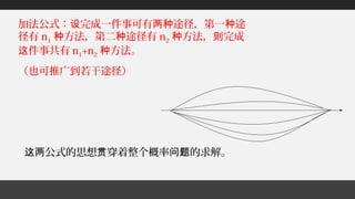 加法公式： 完成一件事可有 途径，第一 途设 两种 种
径有 n1 方法，第二 途径有种 种 n2 方法， 完成种 则
件事共有这 n1+n2 方法。种
（也可推广到若干途径）
公式的思想 穿着整个概率 的求解。这两 贯 问题
 