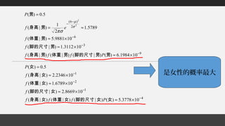 9
3
6
2
)6(
101984.6)()|()|()|(
103112.1)|(
109881.5)|(
5789.1
2
1
)|(
5.0)(
2
2
−
−
−
−
−
×≈
×≈
×≈
≈=
=
男男脚的尺寸男体重男身高
男脚的尺寸
男体重
男身高
男
Pfff
f
f
ef
P
σ
µ
σπ
4
1
2
1
103778.5)()|()|()|(
108669.2)|(
106789.1)|(
102346.2)|(
5.0)(
−
−
−
−
×≈
×≈
×≈
×≈
=
女女脚的尺寸女体重女身高
女脚的尺寸
女体重
女身高
女
Pfff
f
f
f
P
是女性的概率最大
 
