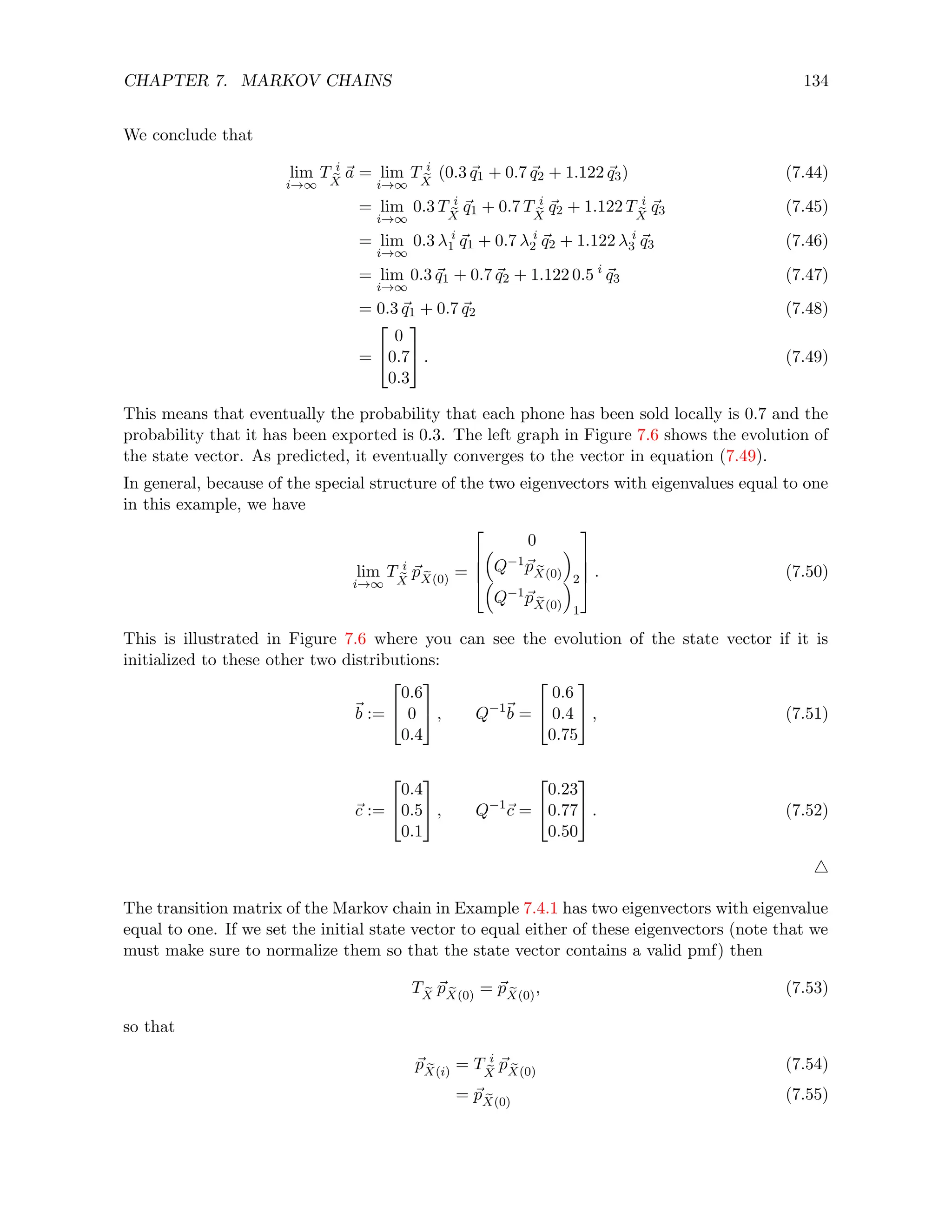 CHAPTER 7. MARKOV CHAINS 134
We conclude that
lim
i→∞
T i
e
X
~
a = lim
i→∞
T i
e
X
(0.3 ~
q1 + 0.7 ~
q2 + 1.122 ~
q3) (7.44)
= lim
i→∞
0.3 T i
e
X
~
q1 + 0.7 T i
e
X
~
q2 + 1.122 T i
e
X
~
q3 (7.45)
= lim
i→∞
0.3 λ i
1 ~
q1 + 0.7 λ i
2 ~
q2 + 1.122 λ i
3 ~
q3 (7.46)
= lim
i→∞
0.3 ~
q1 + 0.7 ~
q2 + 1.122 0.5 i
~
q3 (7.47)
= 0.3 ~
q1 + 0.7 ~
q2 (7.48)
=


0
0.7
0.3

 . (7.49)
This means that eventually the probability that each phone has been sold locally is 0.7 and the
probability that it has been exported is 0.3. The left graph in Figure 7.6 shows the evolution of
the state vector. As predicted, it eventually converges to the vector in equation (7.49).
In general, because of the special structure of the two eigenvectors with eigenvalues equal to one
in this example, we have
lim
i→∞
T i
e
X
~
p e
X(0)
=




0

Q−1~
p e
X(0)

2

Q−1~
p e
X(0)

1



 . (7.50)
This is illustrated in Figure 7.6 where you can see the evolution of the state vector if it is
initialized to these other two distributions:
~
b :=


0.6
0
0.4

 , Q−1~
b =


0.6
0.4
0.75

 , (7.51)
~
c :=


0.4
0.5
0.1

 , Q−1
~
c =


0.23
0.77
0.50

 . (7.52)
4
The transition matrix of the Markov chain in Example 7.4.1 has two eigenvectors with eigenvalue
equal to one. If we set the initial state vector to equal either of these eigenvectors (note that we
must make sure to normalize them so that the state vector contains a valid pmf) then
T e
X
~
p e
X(0)
= ~
p e
X(0)
, (7.53)
so that
~
p e
X(i)
= T i
e
X
~
p e
X(0)
(7.54)
= ~
p e
X(0)
(7.55)
 