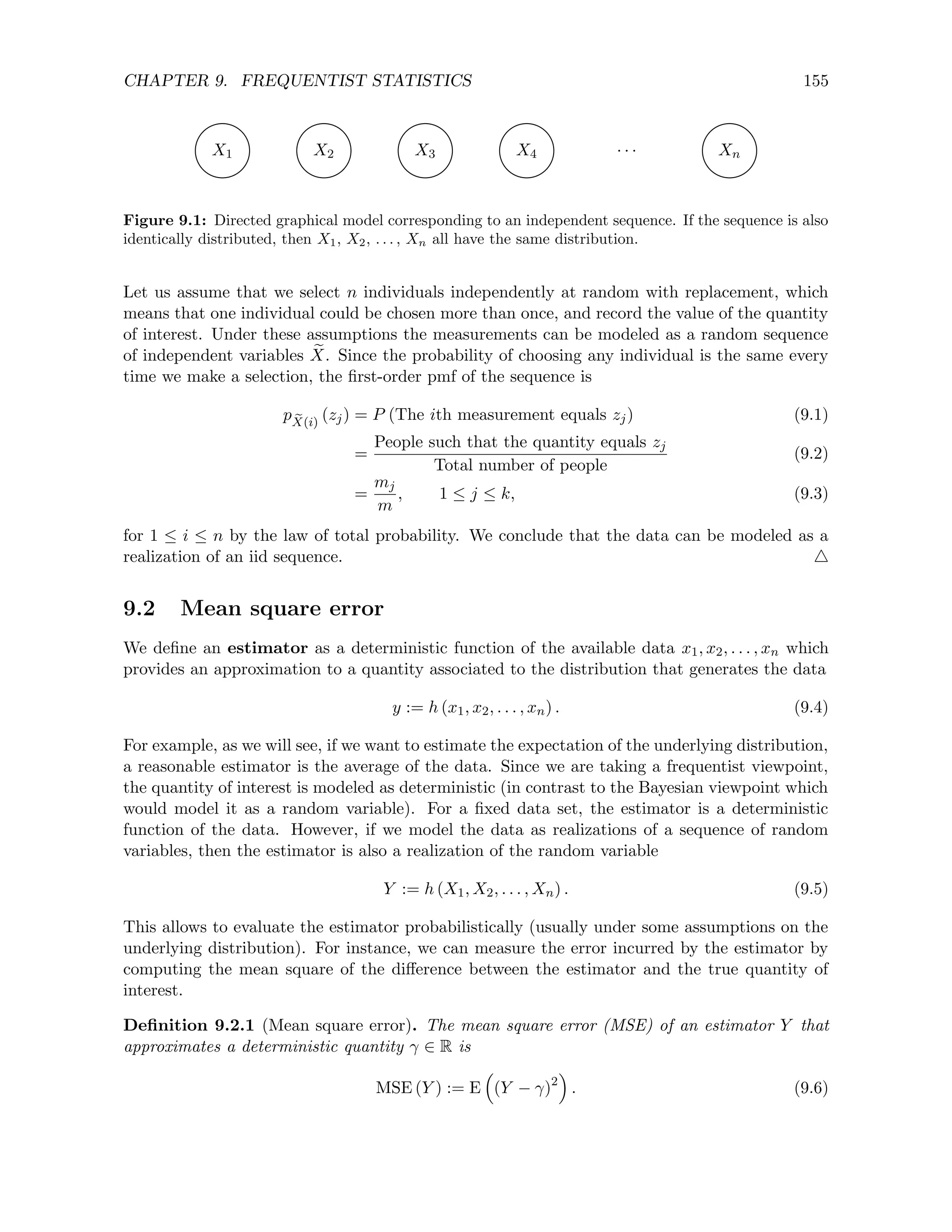 CHAPTER 9. FREQUENTIST STATISTICS 155
X1 X2 X3 X4 . . . Xn
Figure 9.1: Directed graphical model corresponding to an independent sequence. If the sequence is also
identically distributed, then X1, X2, . . . , Xn all have the same distribution.
Let us assume that we select n individuals independently at random with replacement, which
means that one individual could be chosen more than once, and record the value of the quantity
of interest. Under these assumptions the measurements can be modeled as a random sequence
of independent variables e
X. Since the probability of choosing any individual is the same every
time we make a selection, the first-order pmf of the sequence is
p e
X(i)
(zj) = P (The ith measurement equals zj) (9.1)
=
People such that the quantity equals zj
Total number of people
(9.2)
=
mj
m
, 1 ≤ j ≤ k, (9.3)
for 1 ≤ i ≤ n by the law of total probability. We conclude that the data can be modeled as a
realization of an iid sequence. 4
9.2 Mean square error
We define an estimator as a deterministic function of the available data x1, x2, . . . , xn which
provides an approximation to a quantity associated to the distribution that generates the data
y := h (x1, x2, . . . , xn) . (9.4)
For example, as we will see, if we want to estimate the expectation of the underlying distribution,
a reasonable estimator is the average of the data. Since we are taking a frequentist viewpoint,
the quantity of interest is modeled as deterministic (in contrast to the Bayesian viewpoint which
would model it as a random variable). For a fixed data set, the estimator is a deterministic
function of the data. However, if we model the data as realizations of a sequence of random
variables, then the estimator is also a realization of the random variable
Y := h (X1, X2, . . . , Xn) . (9.5)
This allows to evaluate the estimator probabilistically (usually under some assumptions on the
underlying distribution). For instance, we can measure the error incurred by the estimator by
computing the mean square of the difference between the estimator and the true quantity of
interest.
Definition 9.2.1 (Mean square error). The mean square error (MSE) of an estimator Y that
approximates a deterministic quantity γ ∈ R is
MSE (Y ) := E

(Y − γ)2

. (9.6)
 