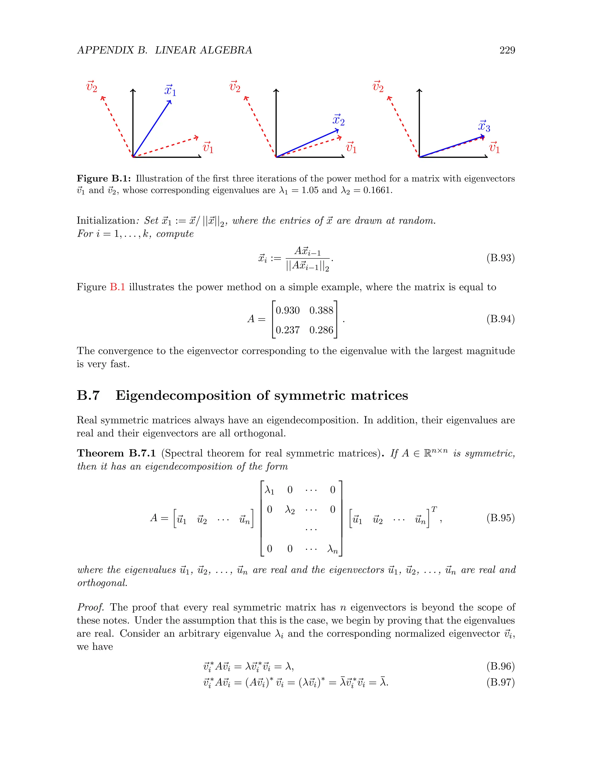 APPENDIX B. LINEAR ALGEBRA 229
~
v1
~
x1
~
v2
~
v1
~
x2
~
v2
~
v1
~
x3
~
v2
Figure B.1: Illustration of the first three iterations of the power method for a matrix with eigenvectors
~
v1 and ~
v2, whose corresponding eigenvalues are λ1 = 1.05 and λ2 = 0.1661.
Initialization: Set ~
x1 := ~
x/ ||~
x||2, where the entries of ~
x are drawn at random.
For i = 1, . . . , k, compute
~
xi :=
A~
xi−1
||A~
xi−1||2
. (B.93)
Figure B.1 illustrates the power method on a simple example, where the matrix is equal to
A =


0.930 0.388
0.237 0.286

 . (B.94)
The convergence to the eigenvector corresponding to the eigenvalue with the largest magnitude
is very fast.
B.7 Eigendecomposition of symmetric matrices
Real symmetric matrices always have an eigendecomposition. In addition, their eigenvalues are
real and their eigenvectors are all orthogonal.
Theorem B.7.1 (Spectral theorem for real symmetric matrices). If A ∈ Rn×n is symmetric,
then it has an eigendecomposition of the form
A =
h
~
u1 ~
u2 · · · ~
un
i








λ1 0 · · · 0
0 λ2 · · · 0
· · ·
0 0 · · · λn








h
~
u1 ~
u2 · · · ~
un
iT
, (B.95)
where the eigenvalues ~
u1, ~
u2, . . . , ~
un are real and the eigenvectors ~
u1, ~
u2, . . . , ~
un are real and
orthogonal.
Proof. The proof that every real symmetric matrix has n eigenvectors is beyond the scope of
these notes. Under the assumption that this is the case, we begin by proving that the eigenvalues
are real. Consider an arbitrary eigenvalue λi and the corresponding normalized eigenvector ~
vi,
we have
~
v ∗
i A~
vi = λ~
v ∗
i ~
vi = λ, (B.96)
~
v ∗
i A~
vi = (A~
vi)∗
~
vi = (λ~
vi)∗
= λ̄~
v ∗
i ~
vi = λ̄. (B.97)
 
