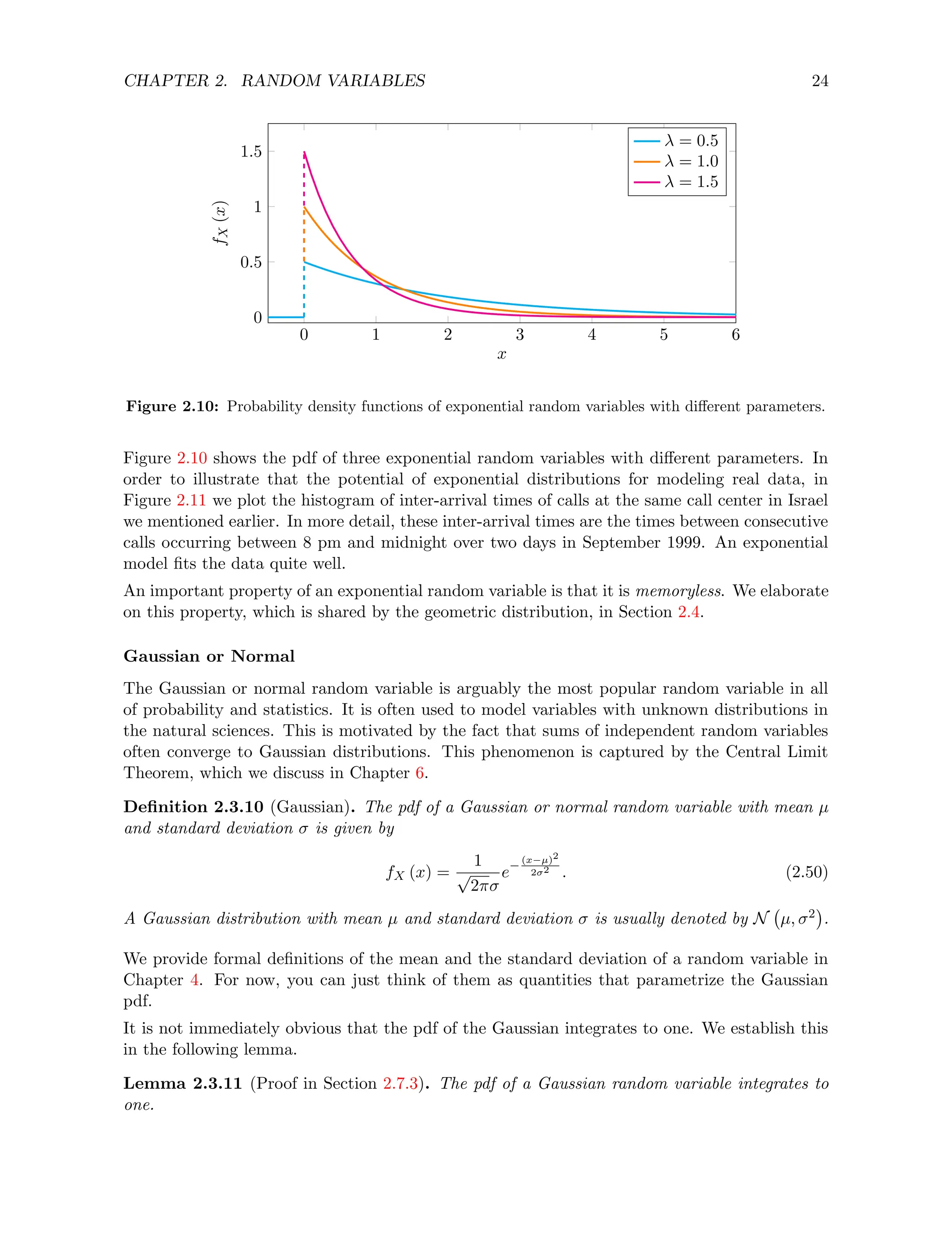 CHAPTER 2. RANDOM VARIABLES 24
0 1 2 3 4 5 6
0
0.5
1
1.5
x
f
X
(x)
λ = 0.5
λ = 1.0
λ = 1.5
Figure 2.10: Probability density functions of exponential random variables with different parameters.
Figure 2.10 shows the pdf of three exponential random variables with different parameters. In
order to illustrate that the potential of exponential distributions for modeling real data, in
Figure 2.11 we plot the histogram of inter-arrival times of calls at the same call center in Israel
we mentioned earlier. In more detail, these inter-arrival times are the times between consecutive
calls occurring between 8 pm and midnight over two days in September 1999. An exponential
model fits the data quite well.
An important property of an exponential random variable is that it is memoryless. We elaborate
on this property, which is shared by the geometric distribution, in Section 2.4.
Gaussian or Normal
The Gaussian or normal random variable is arguably the most popular random variable in all
of probability and statistics. It is often used to model variables with unknown distributions in
the natural sciences. This is motivated by the fact that sums of independent random variables
often converge to Gaussian distributions. This phenomenon is captured by the Central Limit
Theorem, which we discuss in Chapter 6.
Definition 2.3.10 (Gaussian). The pdf of a Gaussian or normal random variable with mean µ
and standard deviation σ is given by
fX (x) =
1
√
2πσ
e−
(x−µ)2
2σ2 . (2.50)
A Gaussian distribution with mean µ and standard deviation σ is usually denoted by N µ, σ2

.
We provide formal definitions of the mean and the standard deviation of a random variable in
Chapter 4. For now, you can just think of them as quantities that parametrize the Gaussian
pdf.
It is not immediately obvious that the pdf of the Gaussian integrates to one. We establish this
in the following lemma.
Lemma 2.3.11 (Proof in Section 2.7.3). The pdf of a Gaussian random variable integrates to
one.
 