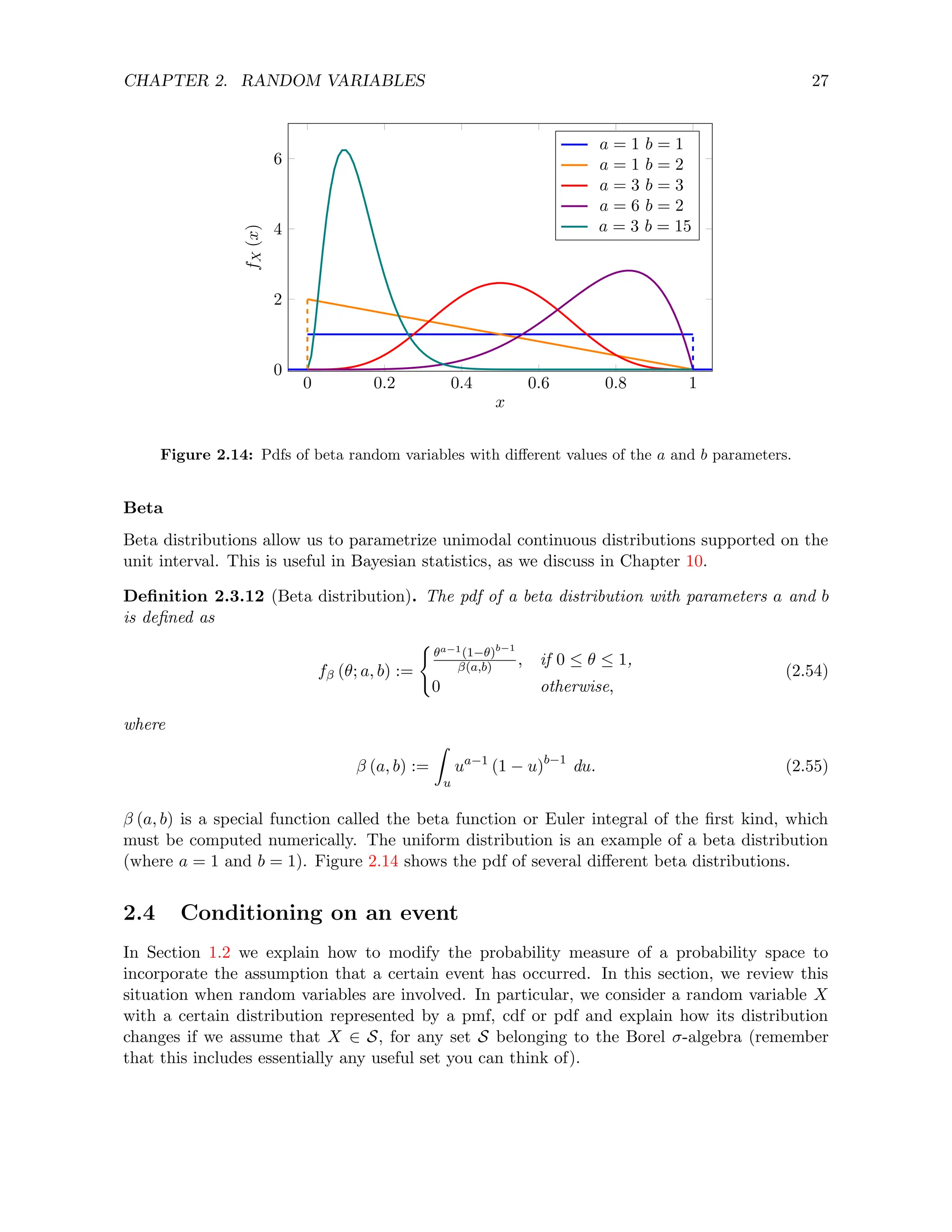 CHAPTER 2. RANDOM VARIABLES 27
0 0.2 0.4 0.6 0.8 1
0
2
4
6
x
f
X
(x)
a = 1 b = 1
a = 1 b = 2
a = 3 b = 3
a = 6 b = 2
a = 3 b = 15
Figure 2.14: Pdfs of beta random variables with different values of the a and b parameters.
Beta
Beta distributions allow us to parametrize unimodal continuous distributions supported on the
unit interval. This is useful in Bayesian statistics, as we discuss in Chapter 10.
Definition 2.3.12 (Beta distribution). The pdf of a beta distribution with parameters a and b
is defined as
fβ (θ; a, b) :=
(
θa−1(1−θ)b−1
β(a,b) , if 0 ≤ θ ≤ 1,
0 otherwise,
(2.54)
where
β (a, b) :=
Z
u
ua−1
(1 − u)b−1
du. (2.55)
β (a, b) is a special function called the beta function or Euler integral of the first kind, which
must be computed numerically. The uniform distribution is an example of a beta distribution
(where a = 1 and b = 1). Figure 2.14 shows the pdf of several different beta distributions.
2.4 Conditioning on an event
In Section 1.2 we explain how to modify the probability measure of a probability space to
incorporate the assumption that a certain event has occurred. In this section, we review this
situation when random variables are involved. In particular, we consider a random variable X
with a certain distribution represented by a pmf, cdf or pdf and explain how its distribution
changes if we assume that X ∈ S, for any set S belonging to the Borel σ-algebra (remember
that this includes essentially any useful set you can think of).
 