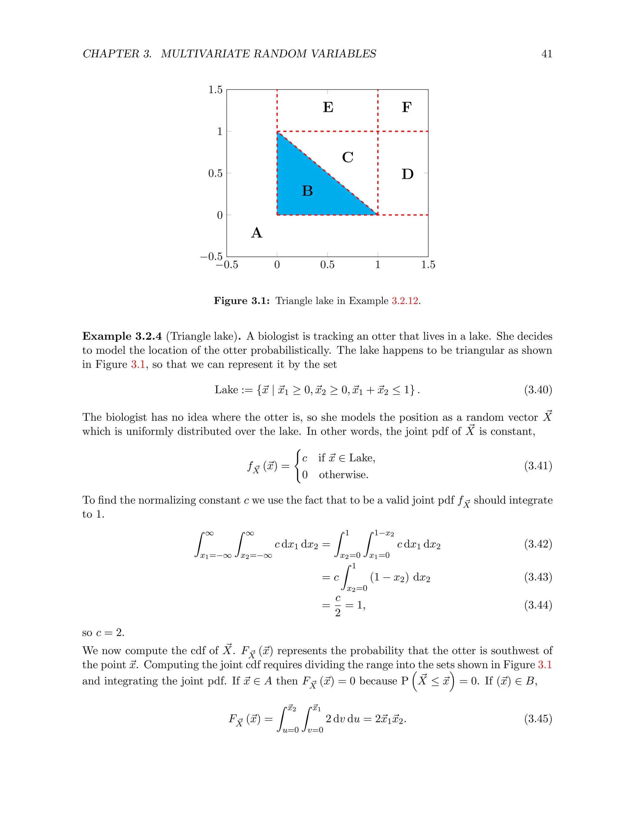 CHAPTER 3. MULTIVARIATE RANDOM VARIABLES 41
−0.5 0 0.5 1 1.5
−0.5
0
0.5
1
1.5
A
B
C
D
E F
Figure 3.1: Triangle lake in Example 3.2.12.
Example 3.2.4 (Triangle lake). A biologist is tracking an otter that lives in a lake. She decides
to model the location of the otter probabilistically. The lake happens to be triangular as shown
in Figure 3.1, so that we can represent it by the set
Lake := {~
x | ~
x1 ≥ 0, ~
x2 ≥ 0, ~
x1 + ~
x2 ≤ 1} . (3.40)
The biologist has no idea where the otter is, so she models the position as a random vector ~
X
which is uniformly distributed over the lake. In other words, the joint pdf of ~
X is constant,
f ~
X (~
x) =
(
c if ~
x ∈ Lake,
0 otherwise.
(3.41)
To find the normalizing constant c we use the fact that to be a valid joint pdf f ~
X should integrate
to 1.
Z ∞
x1=−∞
Z ∞
x2=−∞
c dx1 dx2 =
Z 1
x2=0
Z 1−x2
x1=0
c dx1 dx2 (3.42)
= c
Z 1
x2=0
(1 − x2) dx2 (3.43)
=
c
2
= 1, (3.44)
so c = 2.
We now compute the cdf of ~
X. F ~
X (~
x) represents the probability that the otter is southwest of
the point ~
x. Computing the joint cdf requires dividing the range into the sets shown in Figure 3.1
and integrating the joint pdf. If ~
x ∈ A then F ~
X (~
x) = 0 because P

~
X ≤ ~
x

= 0. If (~
x) ∈ B,
F ~
X (~
x) =
Z ~
x2
u=0
Z ~
x1
v=0
2 dv du = 2~
x1~
x2. (3.45)
 
