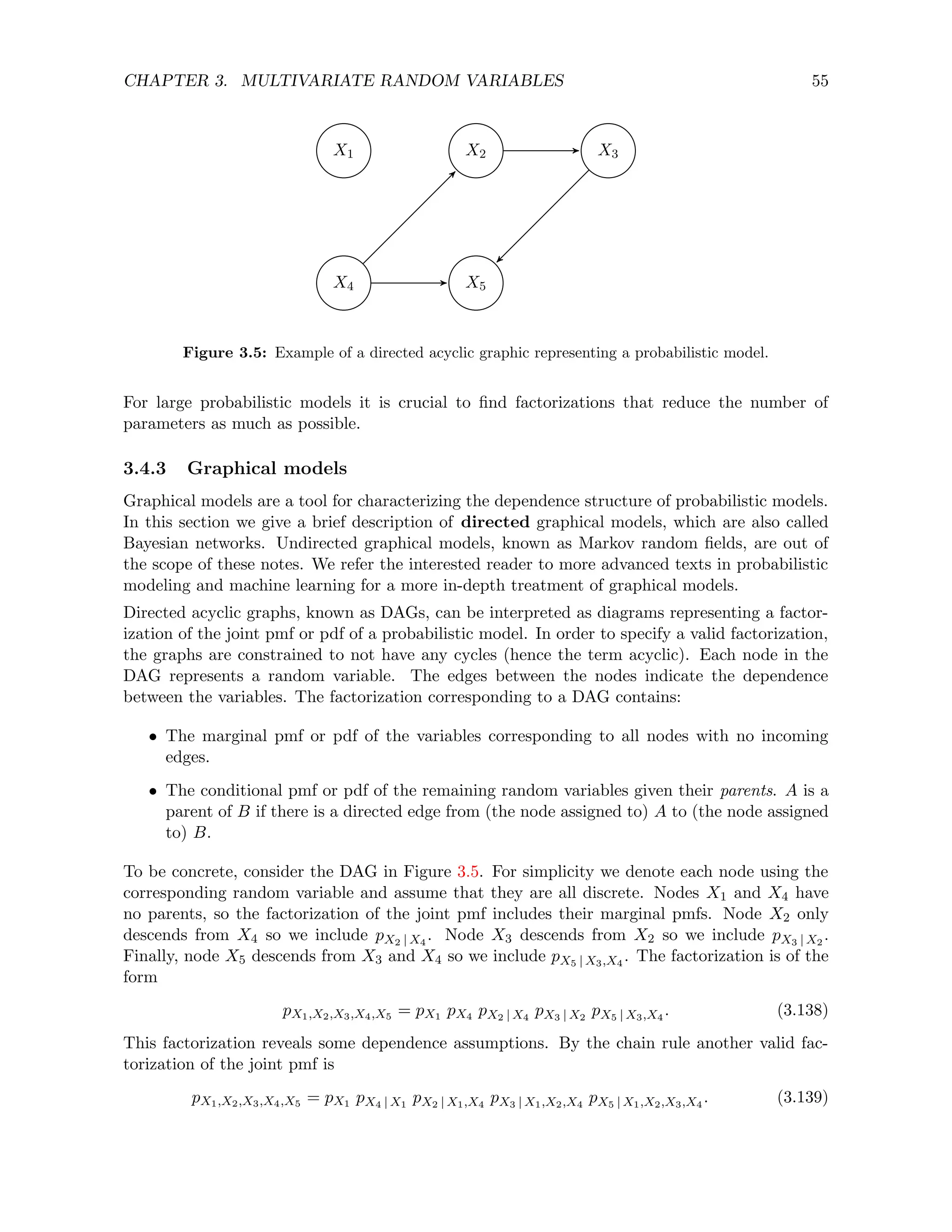 CHAPTER 3. MULTIVARIATE RANDOM VARIABLES 55
X1 X2 X3
X4 X5
Figure 3.5: Example of a directed acyclic graphic representing a probabilistic model.
For large probabilistic models it is crucial to find factorizations that reduce the number of
parameters as much as possible.
3.4.3 Graphical models
Graphical models are a tool for characterizing the dependence structure of probabilistic models.
In this section we give a brief description of directed graphical models, which are also called
Bayesian networks. Undirected graphical models, known as Markov random fields, are out of
the scope of these notes. We refer the interested reader to more advanced texts in probabilistic
modeling and machine learning for a more in-depth treatment of graphical models.
Directed acyclic graphs, known as DAGs, can be interpreted as diagrams representing a factor-
ization of the joint pmf or pdf of a probabilistic model. In order to specify a valid factorization,
the graphs are constrained to not have any cycles (hence the term acyclic). Each node in the
DAG represents a random variable. The edges between the nodes indicate the dependence
between the variables. The factorization corresponding to a DAG contains:
• The marginal pmf or pdf of the variables corresponding to all nodes with no incoming
edges.
• The conditional pmf or pdf of the remaining random variables given their parents. A is a
parent of B if there is a directed edge from (the node assigned to) A to (the node assigned
to) B.
To be concrete, consider the DAG in Figure 3.5. For simplicity we denote each node using the
corresponding random variable and assume that they are all discrete. Nodes X1 and X4 have
no parents, so the factorization of the joint pmf includes their marginal pmfs. Node X2 only
descends from X4 so we include pX2 | X4
. Node X3 descends from X2 so we include pX3 | X2
.
Finally, node X5 descends from X3 and X4 so we include pX5 | X3,X4
. The factorization is of the
form
pX1,X2,X3,X4,X5 = pX1 pX4 pX2 | X4
pX3 | X2
pX5 | X3,X4
. (3.138)
This factorization reveals some dependence assumptions. By the chain rule another valid fac-
torization of the joint pmf is
pX1,X2,X3,X4,X5 = pX1 pX4 | X1
pX2 | X1,X4
pX3 | X1,X2,X4
pX5 | X1,X2,X3,X4
. (3.139)
 
