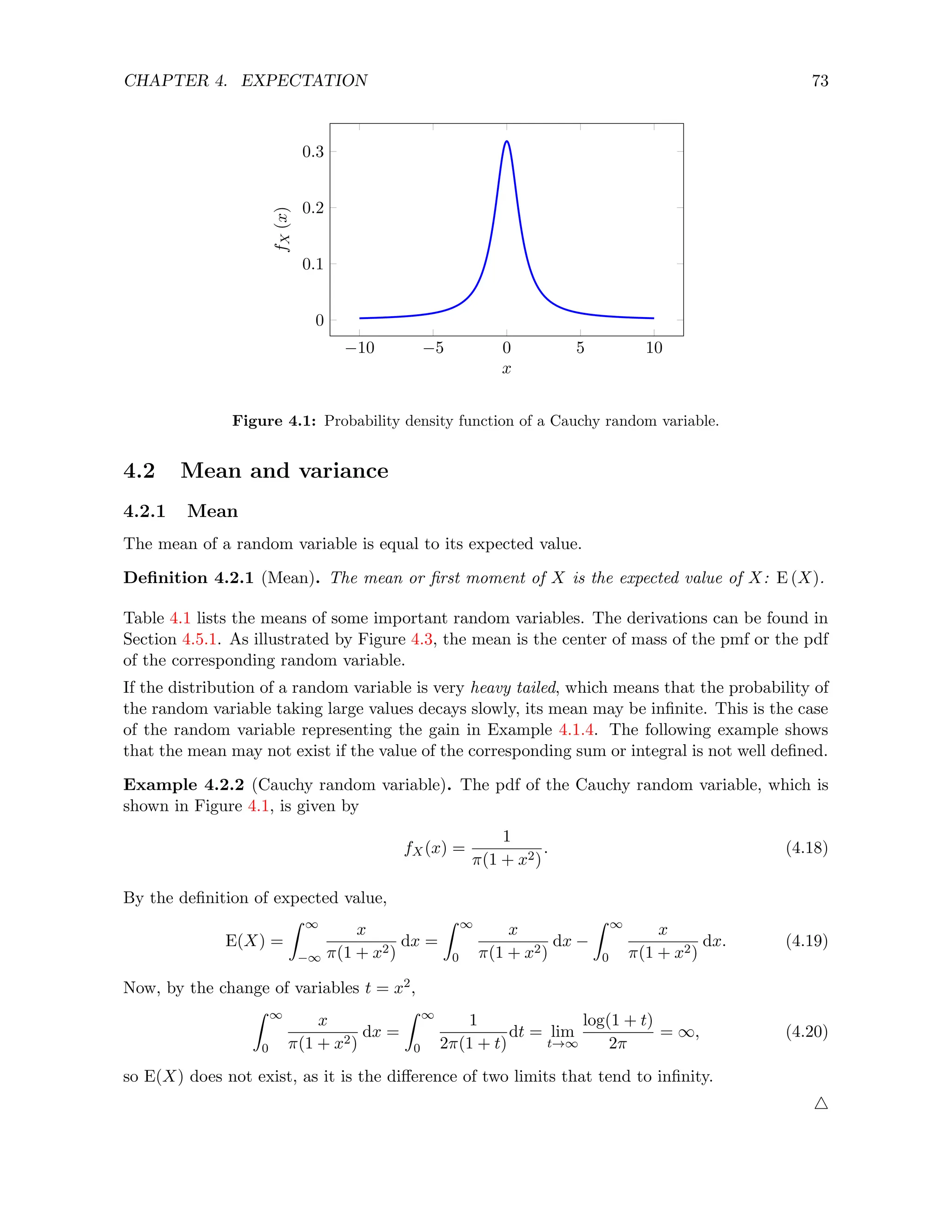 CHAPTER 4. EXPECTATION 73
−10 −5 0 5 10
0
0.1
0.2
0.3
x
f
X
(x)
Figure 4.1: Probability density function of a Cauchy random variable.
4.2 Mean and variance
4.2.1 Mean
The mean of a random variable is equal to its expected value.
Definition 4.2.1 (Mean). The mean or first moment of X is the expected value of X: E (X).
Table 4.1 lists the means of some important random variables. The derivations can be found in
Section 4.5.1. As illustrated by Figure 4.3, the mean is the center of mass of the pmf or the pdf
of the corresponding random variable.
If the distribution of a random variable is very heavy tailed, which means that the probability of
the random variable taking large values decays slowly, its mean may be infinite. This is the case
of the random variable representing the gain in Example 4.1.4. The following example shows
that the mean may not exist if the value of the corresponding sum or integral is not well defined.
Example 4.2.2 (Cauchy random variable). The pdf of the Cauchy random variable, which is
shown in Figure 4.1, is given by
fX(x) =
1
π(1 + x2)
. (4.18)
By the definition of expected value,
E(X) =
Z ∞
−∞
x
π(1 + x2)
dx =
Z ∞
0
x
π(1 + x2)
dx −
Z ∞
0
x
π(1 + x2)
dx. (4.19)
Now, by the change of variables t = x2,
Z ∞
0
x
π(1 + x2)
dx =
Z ∞
0
1
2π(1 + t)
dt = lim
t→∞
log(1 + t)
2π
= ∞, (4.20)
so E(X) does not exist, as it is the difference of two limits that tend to infinity.
4
 