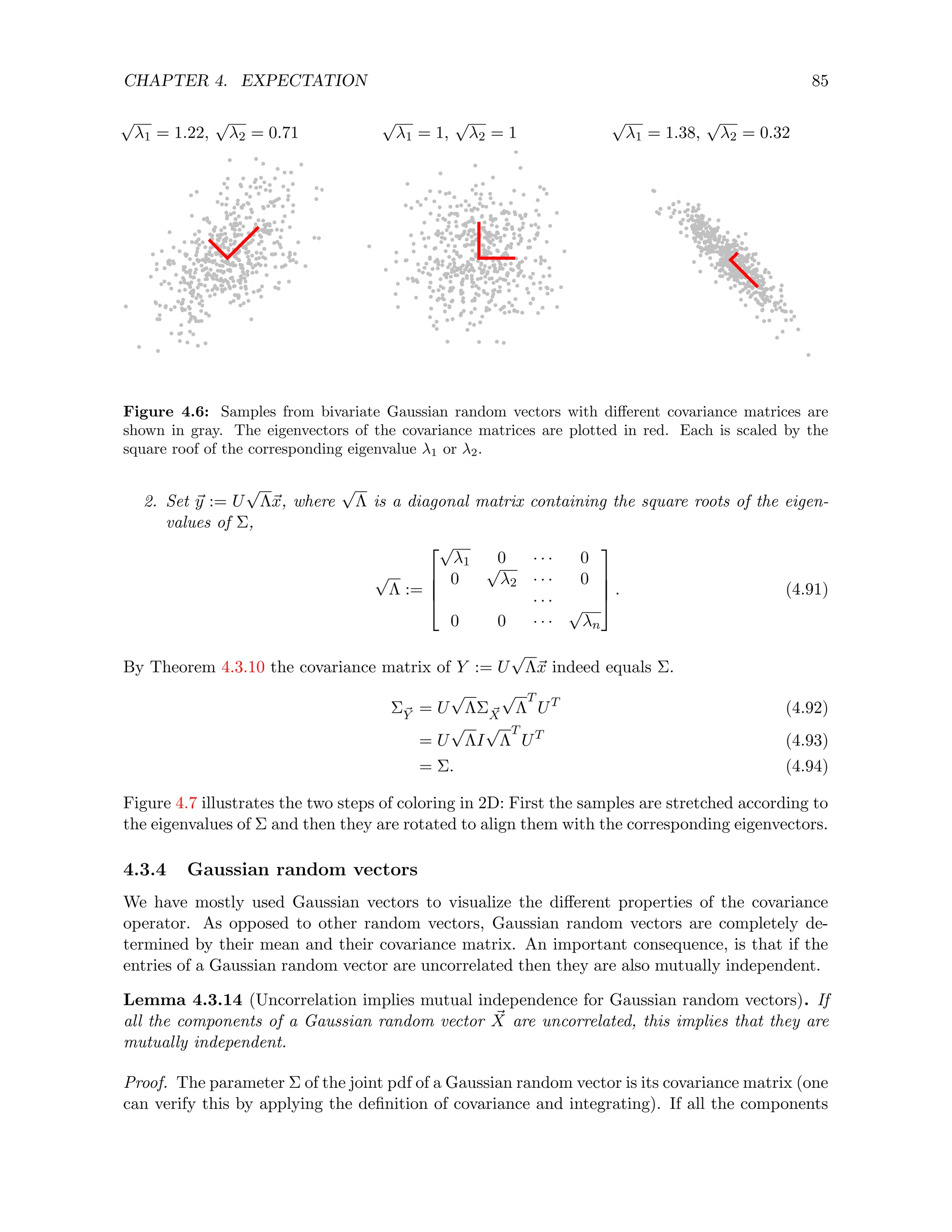 CHAPTER 4. EXPECTATION 85
√
λ1 = 1.22,
√
λ2 = 0.71
√
λ1 = 1,
√
λ2 = 1
√
λ1 = 1.38,
√
λ2 = 0.32
Figure 4.6: Samples from bivariate Gaussian random vectors with different covariance matrices are
shown in gray. The eigenvectors of the covariance matrices are plotted in red. Each is scaled by the
square roof of the corresponding eigenvalue λ1 or λ2.
2. Set ~
y := U
√
Λ~
x, where
√
Λ is a diagonal matrix containing the square roots of the eigen-
values of Σ,
√
Λ :=




√
λ1 0 · · · 0
0
√
λ2 · · · 0
· · ·
0 0 · · ·
√
λn



 . (4.91)
By Theorem 4.3.10 the covariance matrix of Y := U
√
Λ~
x indeed equals Σ.
Σ~
Y = U
√
ΛΣ ~
X
√
Λ
T
UT
(4.92)
= U
√
ΛI
√
Λ
T
UT
(4.93)
= Σ. (4.94)
Figure 4.7 illustrates the two steps of coloring in 2D: First the samples are stretched according to
the eigenvalues of Σ and then they are rotated to align them with the corresponding eigenvectors.
4.3.4 Gaussian random vectors
We have mostly used Gaussian vectors to visualize the different properties of the covariance
operator. As opposed to other random vectors, Gaussian random vectors are completely de-
termined by their mean and their covariance matrix. An important consequence, is that if the
entries of a Gaussian random vector are uncorrelated then they are also mutually independent.
Lemma 4.3.14 (Uncorrelation implies mutual independence for Gaussian random vectors). If
all the components of a Gaussian random vector ~
X are uncorrelated, this implies that they are
mutually independent.
Proof. The parameter Σ of the joint pdf of a Gaussian random vector is its covariance matrix (one
can verify this by applying the definition of covariance and integrating). If all the components
 