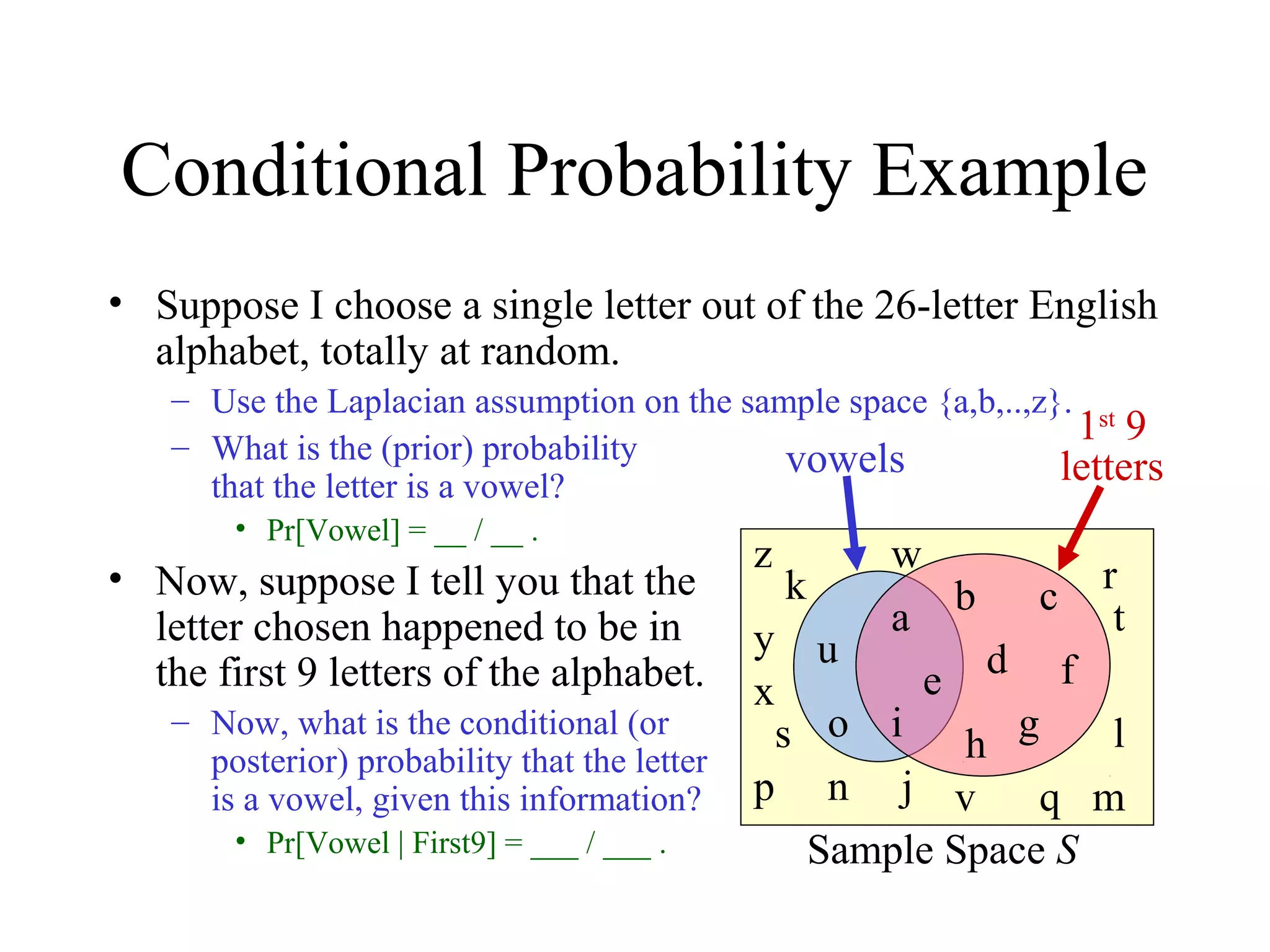 Module #19 – Probability
• Suppose I choose a single letter out of the 26-letter English
alphabet, totally at random.
– Use the Laplacian assumption on the sample space {a,b,..,z}.
– What is the (prior) probability
that the letter is a vowel?
• Pr[Vowel] = __ / __ .
• Now, suppose I tell you that the
letter chosen happened to be in
the first 9 letters of the alphabet.
– Now, what is the conditional (or
posterior) probability that the letter
is a vowel, given this information?
• Pr[Vowel | First9] = ___ / ___ .
Conditional Probability Example
a
b c
d
e f
g
h
i
j
k
l
mn
o
p q
r
s
t
u
v
w
x
y
z
1st
9
lettersvowels
Sample Space S
 