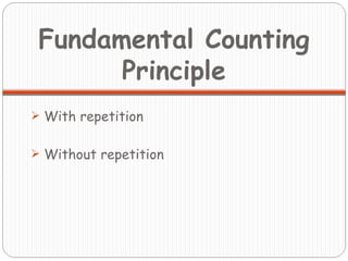 Fundamental Counting Principle With repetition Without repetition 