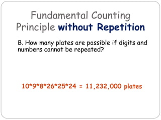 Fundamental Counting Principle  without Repetition B. How many plates are possible if digits and numbers cannot be repeated? 10*9*8*26*25*24 = 11,232,000 plates 