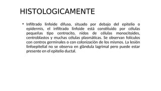 HISTOLOGICAMENTE
●
Infiltrado linfoide difuso, situado por debajo del epitelio o
epidermis, el infiltrado linfoide está constituido por células
pequeñas tipo centrocito, nidos de células monocitoides,
centroblastos y muchas células plasmáticas. Se observan folículos
con centros germinales o con colonización de los mismos. La lesión
linfoepitelial no se observa en glándula lagrimal pero puede estar
presente en el epitelio ductal.
 