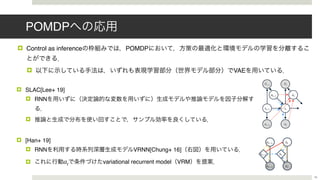 POMDP
! Control as inference POMDP
! VAE
16
! SLAC[Lee+ 19]
! RNN
!
! [Han+ 19]
! RNN VRNN[Chung+ 16]
! variational recurrent model VRMat
 