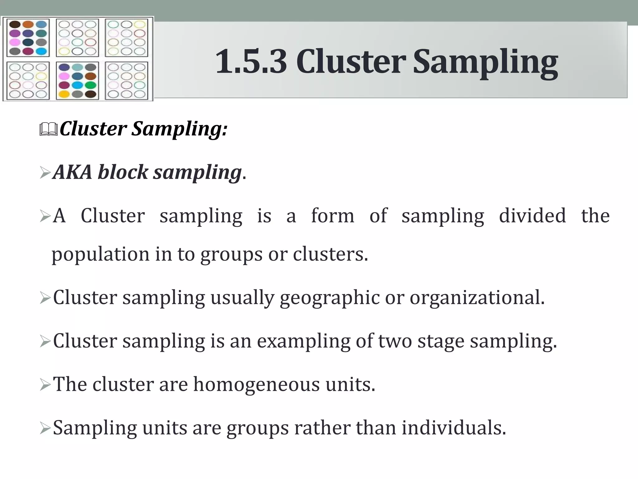 Cluster Sampling:
AKA block sampling.
A Cluster sampling is a form of sampling divided the
population in to groups or clusters.
Cluster sampling usually geographic or organizational.
Cluster sampling is an exampling of two stage sampling.
The cluster are homogeneous units.
Sampling units are groups rather than individuals.
1.5.3 Cluster Sampling
 