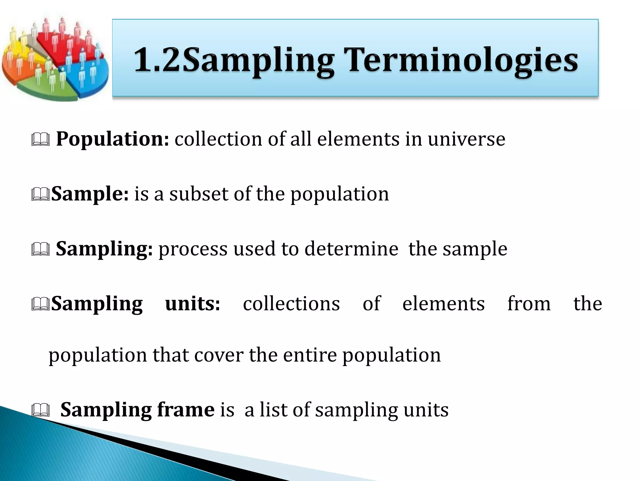  Population: collection of all elements in universe
Sample: is a subset of the population
 Sampling: process used to determine the sample
Sampling units: collections of elements from the
population that cover the entire population
 Sampling frame is a list of sampling units
 