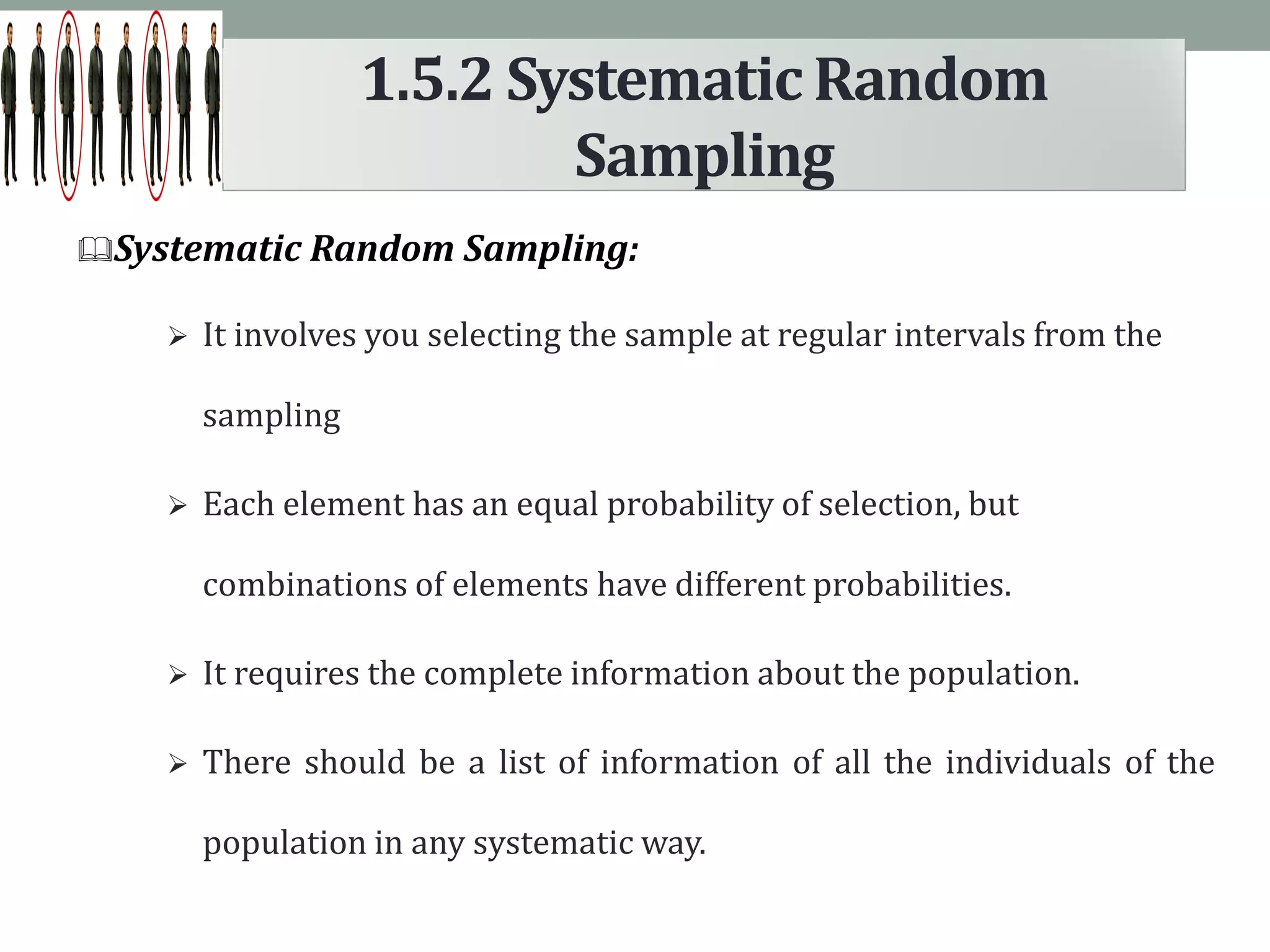 Systematic Random Sampling:
 It involves you selecting the sample at regular intervals from the
sampling
 Each element has an equal probability of selection, but
combinations of elements have different probabilities.
 It requires the complete information about the population.
 There should be a list of information of all the individuals of the
population in any systematic way.
1.5.2 Systematic Random
Sampling
 