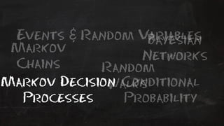 Events & Random Variables 
Bayesian 
Markov Networks 
Chains Random 
Markov DecisionW alks 
Conditional 
Probability 
Processes 
 