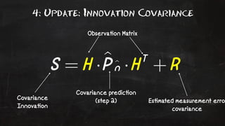 4: Update: Innovation Covariance 
Observa!on Matrix 
Covariance predic!on 
Covariance (step 2) 
Innova!on 
Es!mated measurement error 
covariance 
 