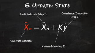 6: Update: State 
Predicted state (step 1) Covariance Innova!on 
Kalman Gain (step 5) 
New state es!mate 
(step 3) 
 