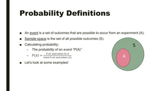 Probability Definitions
■ An event is a set of outcomes that are possible to occur from an experiment (A).
■ Sample space is the set of all possible outcomes (S).
■ Calculating probability:
– The probability of an event “P(A)”
– 𝑃 𝐴 =
# 𝑜𝑓 𝑜𝑢𝑡𝑐𝑜𝑚𝑒𝑠 𝑖𝑛 𝐴
𝑡𝑜𝑡𝑎𝑙 # 𝑜𝑓 𝑜𝑢𝑡𝑐𝑜𝑚𝑒𝑠 (𝑆)
■ Let’s look at some examples!
S
A
 