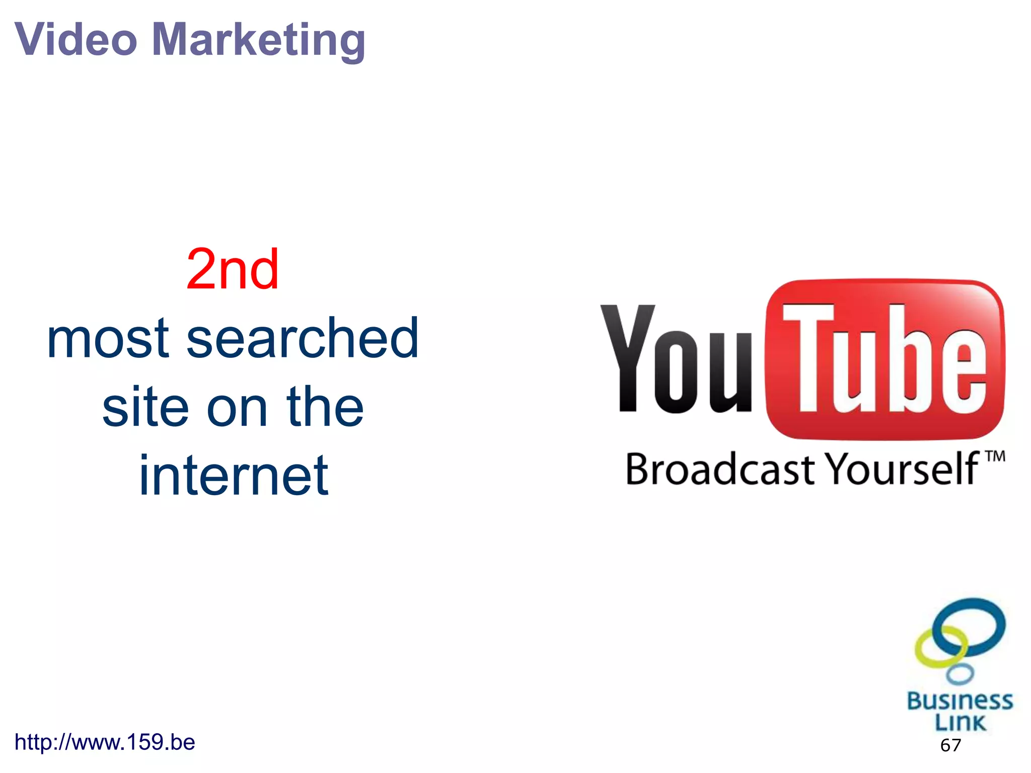 Video Marketing




       2nd
  most searched
   site on the
     internet



http://www.159.be   67
 